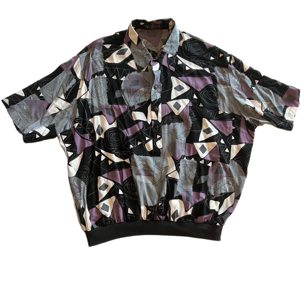 Vintage Alan Stuart Abstract Short Sleeve Pullover Rayon Shirt XL Black Purple